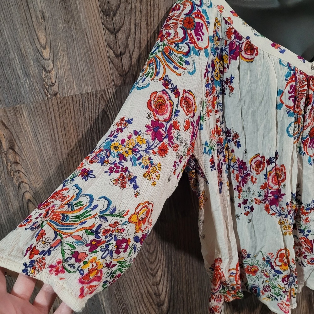 Bila Boho Floral Peasant Blouse XXL 2XL Ivory Multi Deep V-Neck 3/4 Balloon Slv - Picture 4 of 10